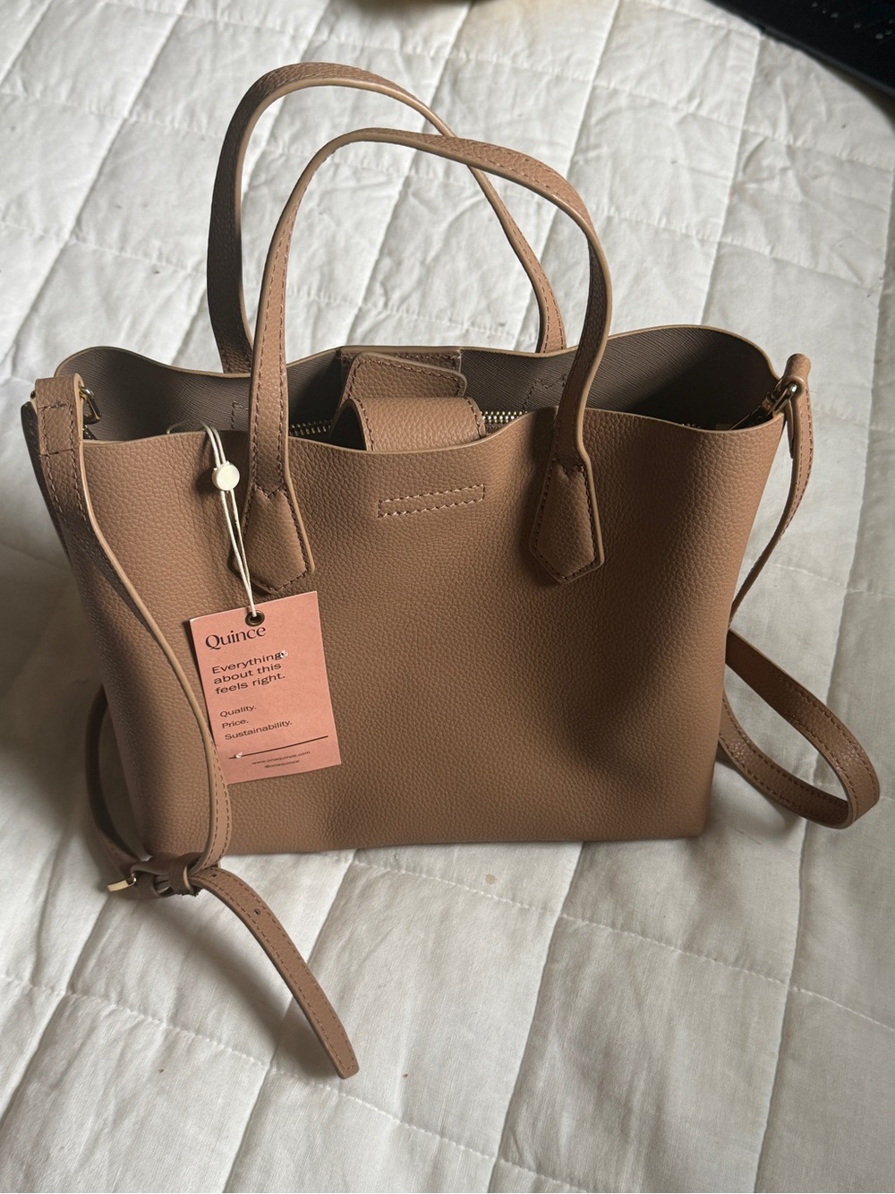 Quince Mini Triple Compartment Leather Tote Cappuccino NWT